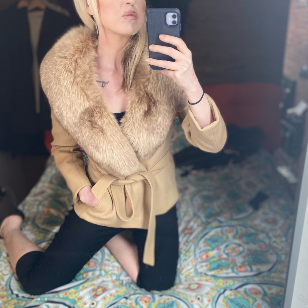 30% OFF BUNDLES! REAL FUR 100% CASHMERE TRENCHCOAT JACKET DUSTER COAT VINTAGE - Picture 9 of 16
